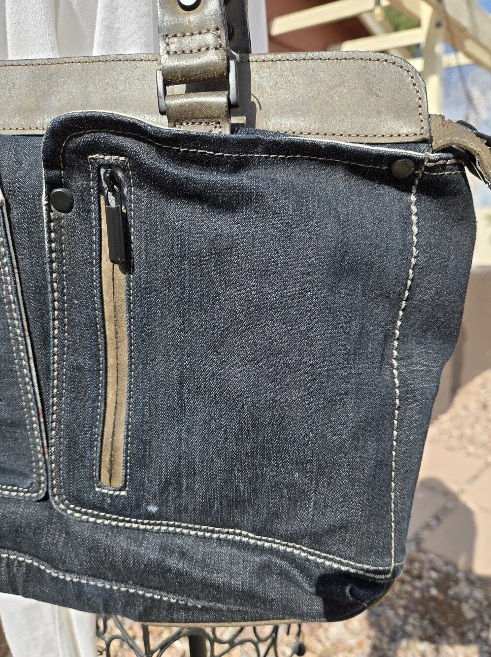 Men's Dark Blue Canvas Messenger Tote with Recycled Leather From Italy